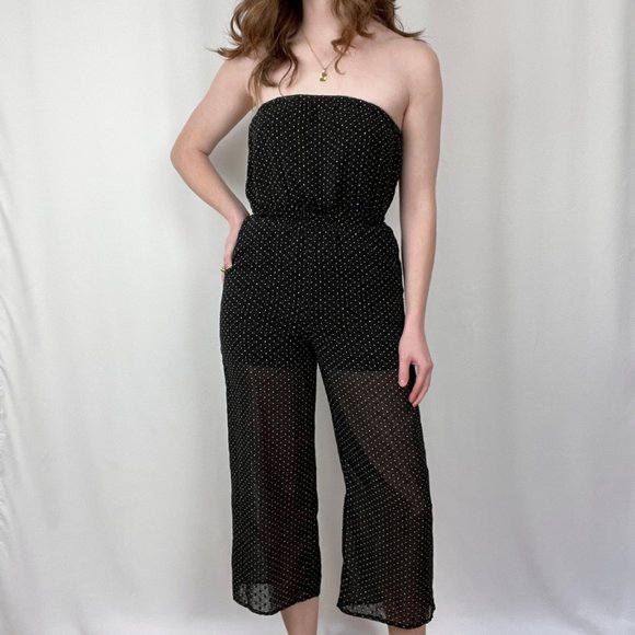 Vintage Pants - Vintage High Waisted Strapless Crop Sheer Straight Leg Jumpsuit Romper Tube Top
